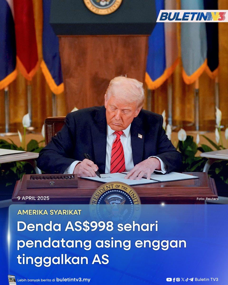 BuletinTV3's tweet photo. AMERIKA SYARIKAT | Presiden Amerika Syarikat, Donald Trump mengancam untuk mengenakan denda sehingga AS$998 sehari ke atas pendatang asing yang enggan meninggalkan negara itu selepas diarahkan keluar.

#BuletinTV3 #Trump #Denda #AS #PendatangAsing https://t.co/DZhC7WOna8