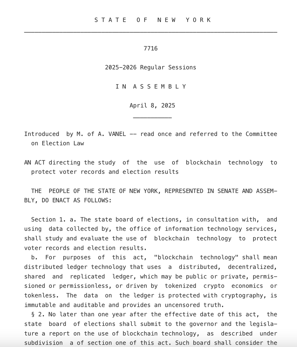 Cointelegraph's tweet image. 🇺🇸 NEW: New York Assemblyman Clyde Vanel introduces Assembly Bill 7716 to propose using blockchain technology to protect voter records and election results.