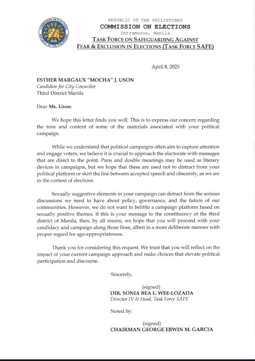 DWAR1494's tweet image. BASAHIN: Nagpadala ng liham ng pag-aalala ang Commission on Elections kay Manila councilor candidate Mocha Uson kaugnay ng umano'y "s€xually suggestive" na campaign materials nito. 

#DWAR1494 #MochaUson #YourVoice2025