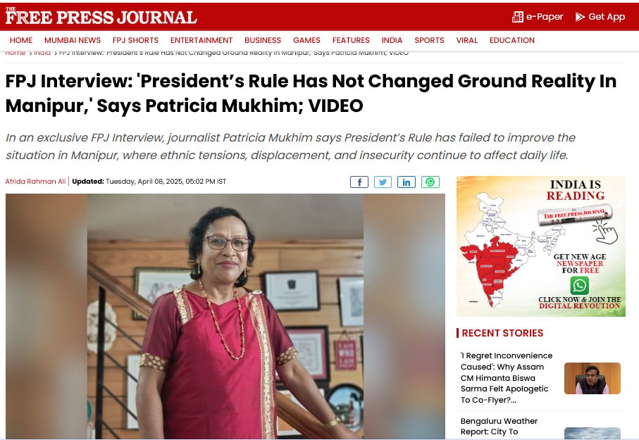 Sumkawn's tweet photo. "The imposition of President Rule in Manipur has not changed the ground reality", says Patricia Mukhim @meipat. This resulted from delaying PR in Manipur, and the CM sided with the majority community. Hearing the demand of the Kuki tribal for #SeparateAdministration is the only viable solution

Read more: https://t.co/9aVzYQYqhs
YT Video link: https://t.co/qdK5iX0Rsw

@RajBhavManipur @HMOIndia @PMOIndia @MIB_India @India_NHRC @UNHumanRights @CBIHeadquarters @PChidambaram_IN @kharge @ShashiTharoor @RahulGandhi @priyankac19 @SangmaConrad @Lal_Duhoma @Dig_raw21