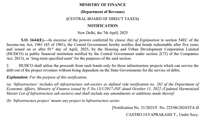 CAclubindia's tweet photo. CBDT Notifies HUDCO Bonds 📃 as Long-Term Specified Asset u/s 54EC for FY 2025-26! #IncomeTax #CBDT