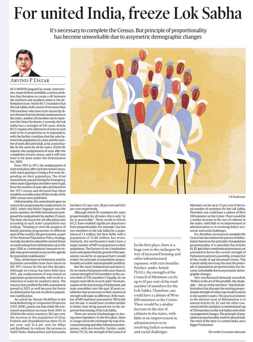 How do you see the Concept of Proportional Representation of MPs w.r.t Population of the State?

I believe, increasing numbers won't change anything at ground. It will further create an atmosphere of Politics only, nothing else. #UPSC
#Delimitation #census