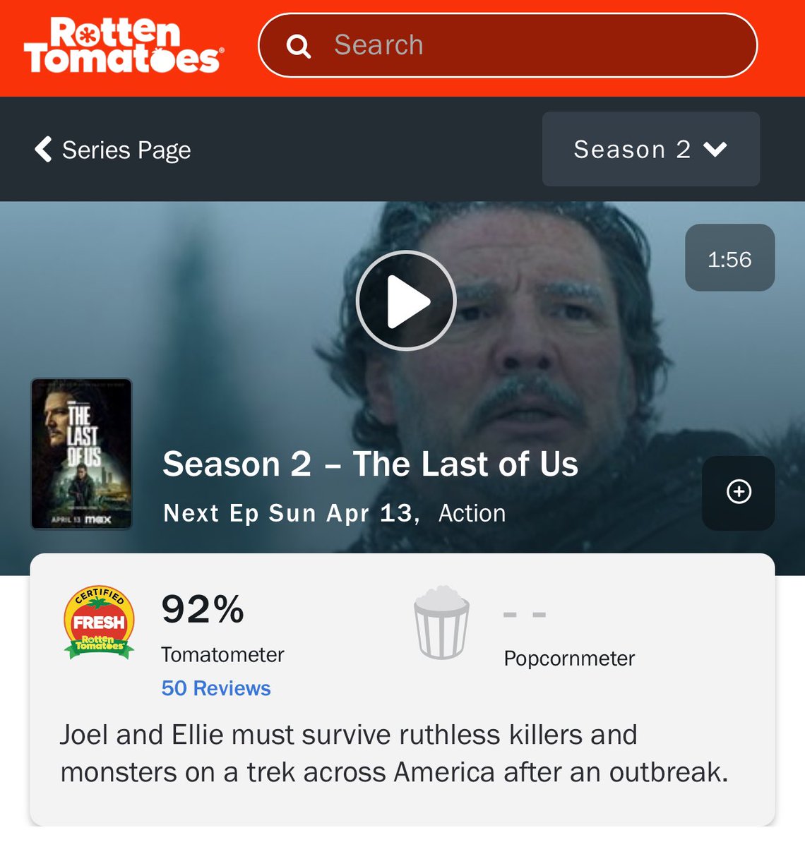 FilmUpdates's tweet photo. ‘THE LAST OF US’ Season 2 is officially certified fresh at 92% on Rotten Tomatoes.

Premiering this Sunday on Max. https://t.co/EgtRYsbVFG