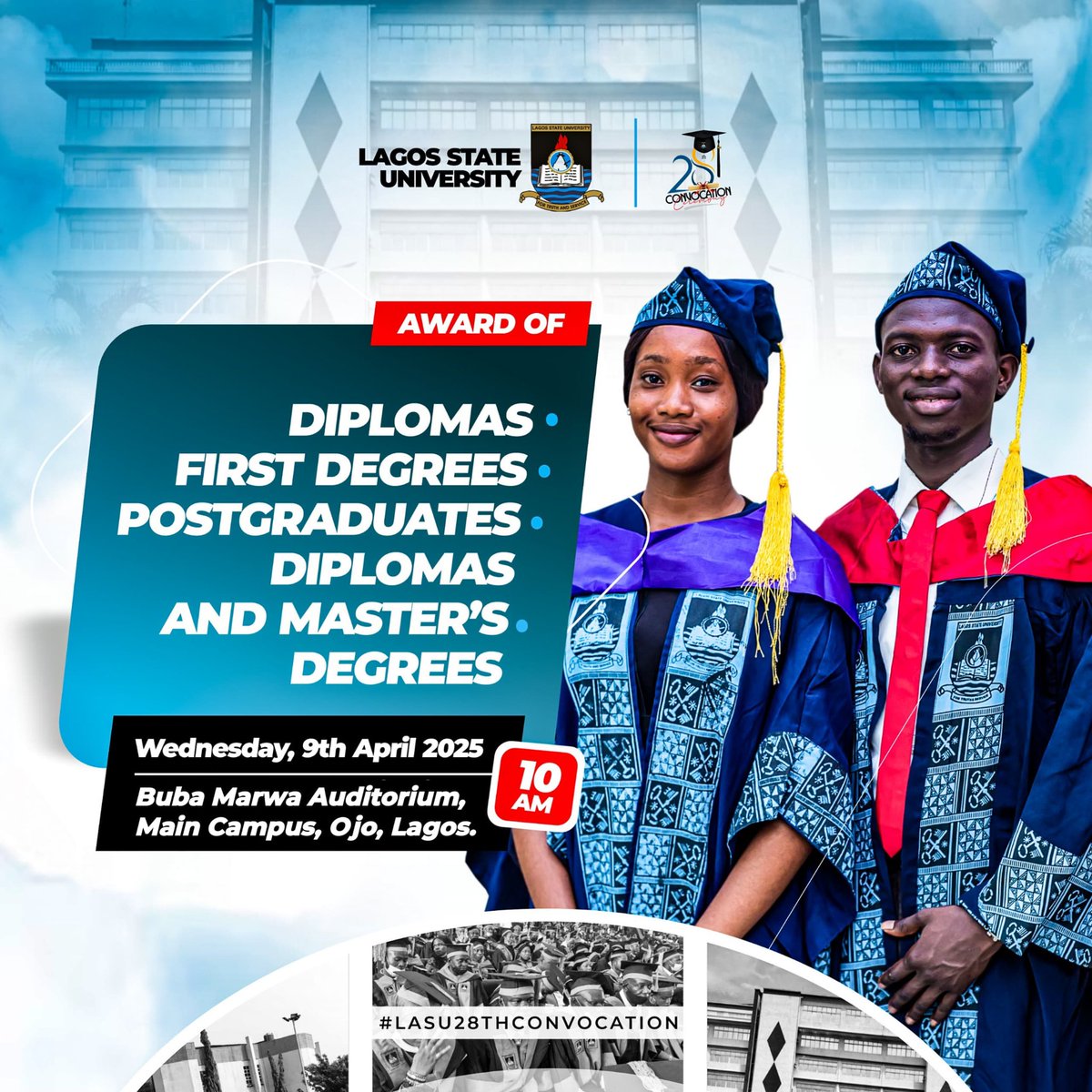 "Caps off to the Class of 2024! 🎓 Today, we celebrate the journey, the hard work, and the bright futures ahead. Here's to new beginnings and endless possibilities! 
#LASU28thConvocation
#LASUConvocation
#Convocation