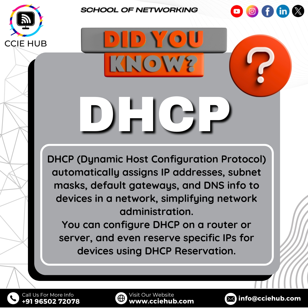 cciehub's tweet image. GYAN of the DAY,
📡 DHCP simplifies IP management by auto-assigning network info. Boost your networking skills with this must-know protocol!

#DHCP #NetworkingBasics #IPConfiguration #CiscoTraining #CCNA #CCNP #NetworkAdmin #TechEducation #ITTraining #RouterSetup #SubnetMask #DNS