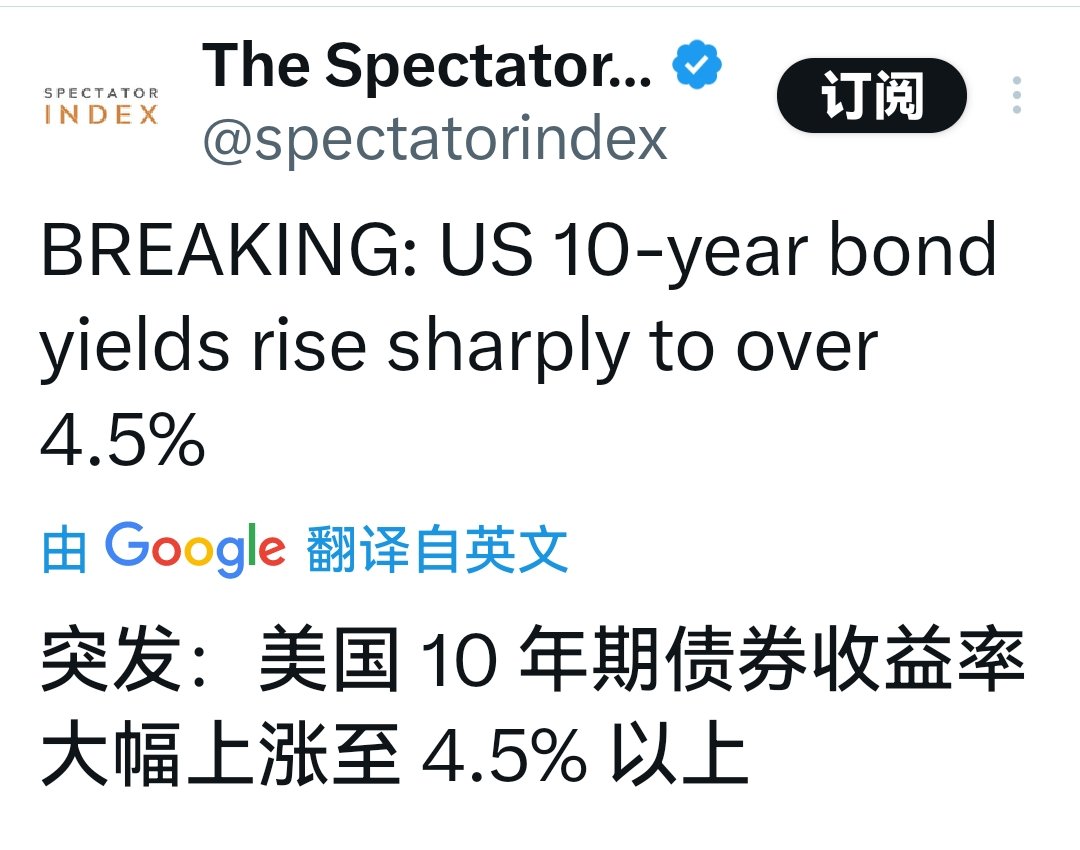 中美超级贸易战开打不到一周，美债 收益率就从3.9%涨到4.5%，美国现有39万亿国债，这就意味着每涨0.1%，美国政府每年就要多付390亿美金利息，这一周美国政府一毛钱关税还没收到，已经被放血了2340亿美金，血还在继续流…