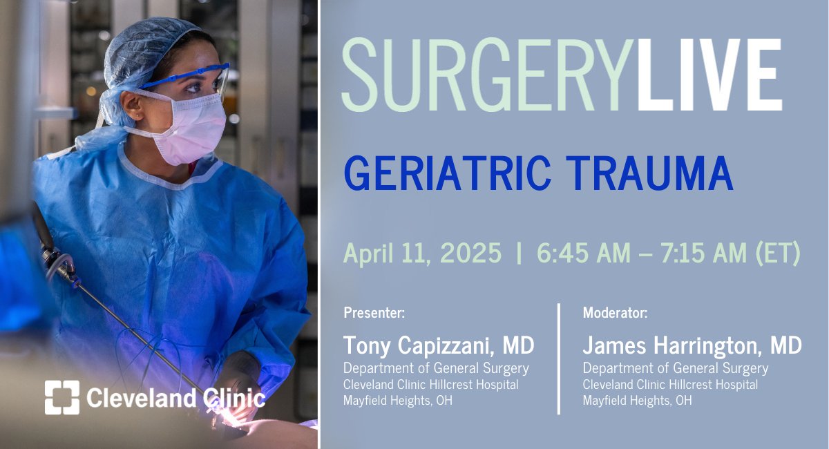 Rita Rys (@ritarys1) on Twitter photo Join the discussion on Fri, 4/11/25! – Topic: “Geriatric Trauma”. Chat LIVE w/ @HarringtonMD & Tony Capizzani, MD, from 6:45-7:15 AM (ET). —Register now @ bit.ly/SurgLIVE-2025-…
<a href="/CleClinicMD/">Cleveland Clinic MD</a> <a href="/CleveClinicFL/">Cleveland Clinic Florida</a> #SurgeryLive <a href="/MRegueiroMD/">Miguel Regueiro</a> <a href="/davidrrosenmd/">David Rosen</a> <a href="/SWexner/">Steven D Wexner MD, PhD</a> Join the discussion on Fri, 4/11/25! – Topic: “Geriatric Trauma”. Chat LIVE w/ @HarringtonMD & Tony Capizzani, MD, from 6:45-7:15 AM (ET). —Register now @ bit.ly/SurgLIVE-2025-…
<a href="/CleClinicMD/">Cleveland Clinic MD</a> <a href="/CleveClinicFL/">Cleveland Clinic Florida</a> #SurgeryLive <a href="/MRegueiroMD/">Miguel Regueiro</a> <a href="/davidrrosenmd/">David Rosen</a> <a href="/SWexner/">Steven D Wexner MD, PhD</a>
