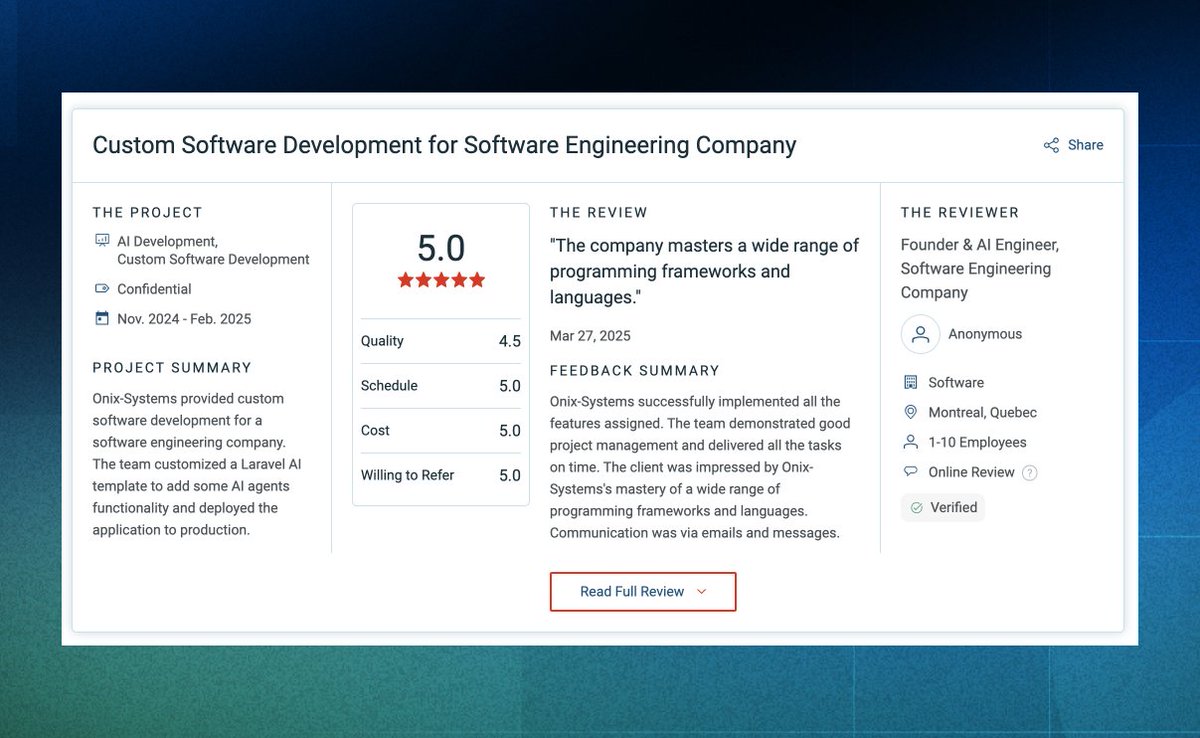 onix_technews's tweet image. We've received a fresh round of client feedback, and we're thrilled! Hearing how our solutions help them achieve their goals motivates us to keep innovating and refining. Ready to level up your next project? Send us a direct message, and let's get started!
