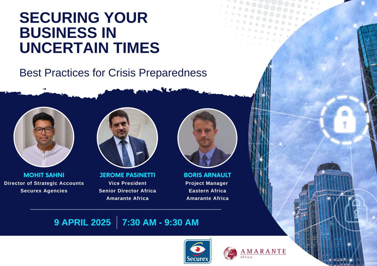 SecurexEA's tweet photo. In today’s unpredictable world, proactive security isn’t a luxury—it’s a necessity. Top experts from
@amarante_int and @SecurexEA are joining @frkenya_chamber to explore risk, resilience, and safeguarding businesses. Follow along for real-time insights.    #SecurityAwareness https://t.co/YQvcJ52ObM