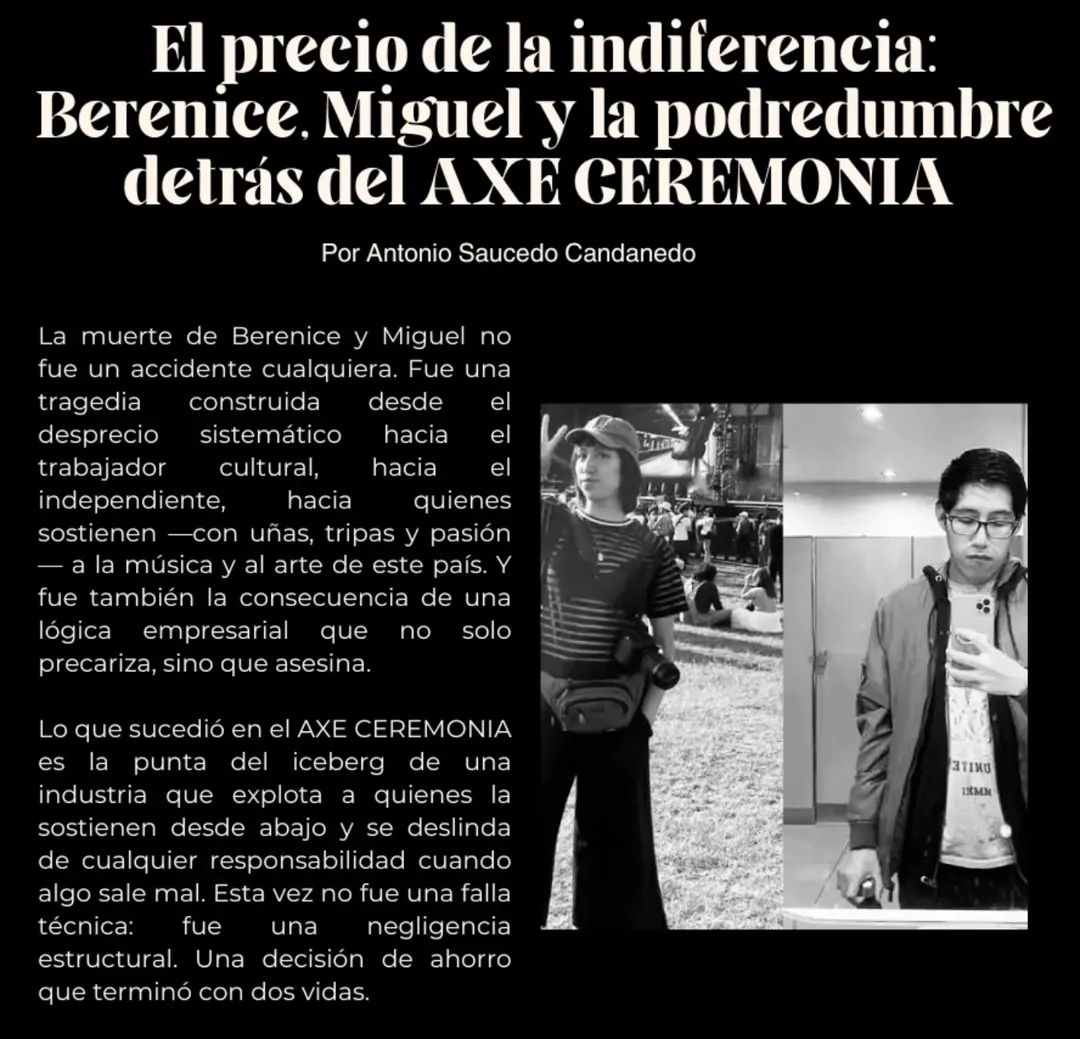 CunaDeCaviar's tweet photo. Esto no se trata solo de rabia. Se trata de exigir que la vida de alguien no cueste cero pesos. Que el trabajo cultural no sea limosna. Que un medio independiente no tenga que mendigar por ser tomado en serio. Porque hoy fueron Berenice y Miguel #Axeceremonia2025 https://t.co/Ge5dnNBIVg