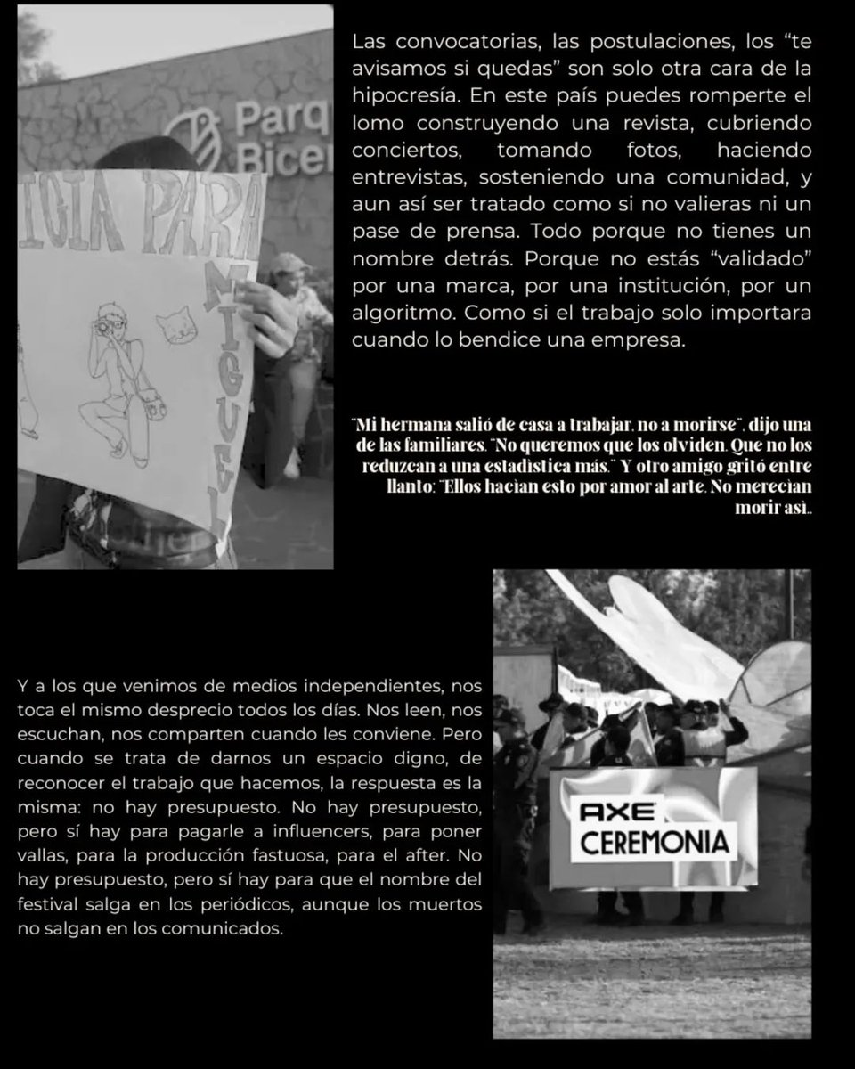 CunaDeCaviar's tweet photo. Esto no se trata solo de rabia. Se trata de exigir que la vida de alguien no cueste cero pesos. Que el trabajo cultural no sea limosna. Que un medio independiente no tenga que mendigar por ser tomado en serio. Porque hoy fueron Berenice y Miguel #Axeceremonia2025 https://t.co/Ge5dnNBIVg