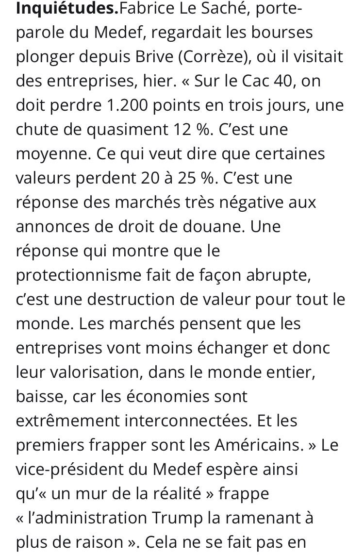 PRESSE I Dans <a href="/lamontagne_fr/">La Montagne</a> en marge du déplacement en #Corrèze 

Droits de douane US : c’est une destruction de valeur pour tous et en premier lieu les Etats-Unis. La chute des indices boursiers 🇺🇸 a brûlé 13 000 Mds$ Vs un déficit commercial sur les biens de 1 200 Mds$…