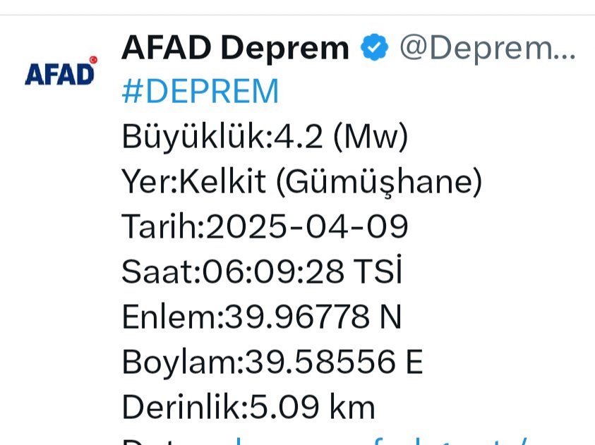 29gundem's tweet photo. Afad, bugün sabah 06:09'da Kelkit'de 4.2 Deprem meydana geldiğini duyurdu. https://t.co/4xgoF7v3Wh