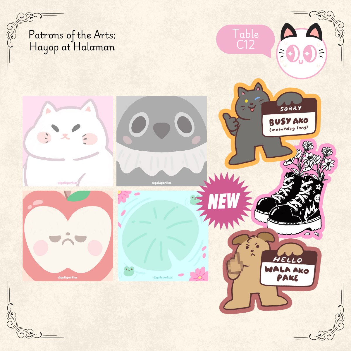 gailsparkles's tweet photo. hello!!! i am alive!! i'll be at #PatronsOfTheArts #PotAHayopAtHalaman with toxic sushi this weekend!! Bringing all my usual stuff + new notepads and stickers!!! 

Please drop by table C12!! see you 🫶 https://t.co/bPnUN88VVe