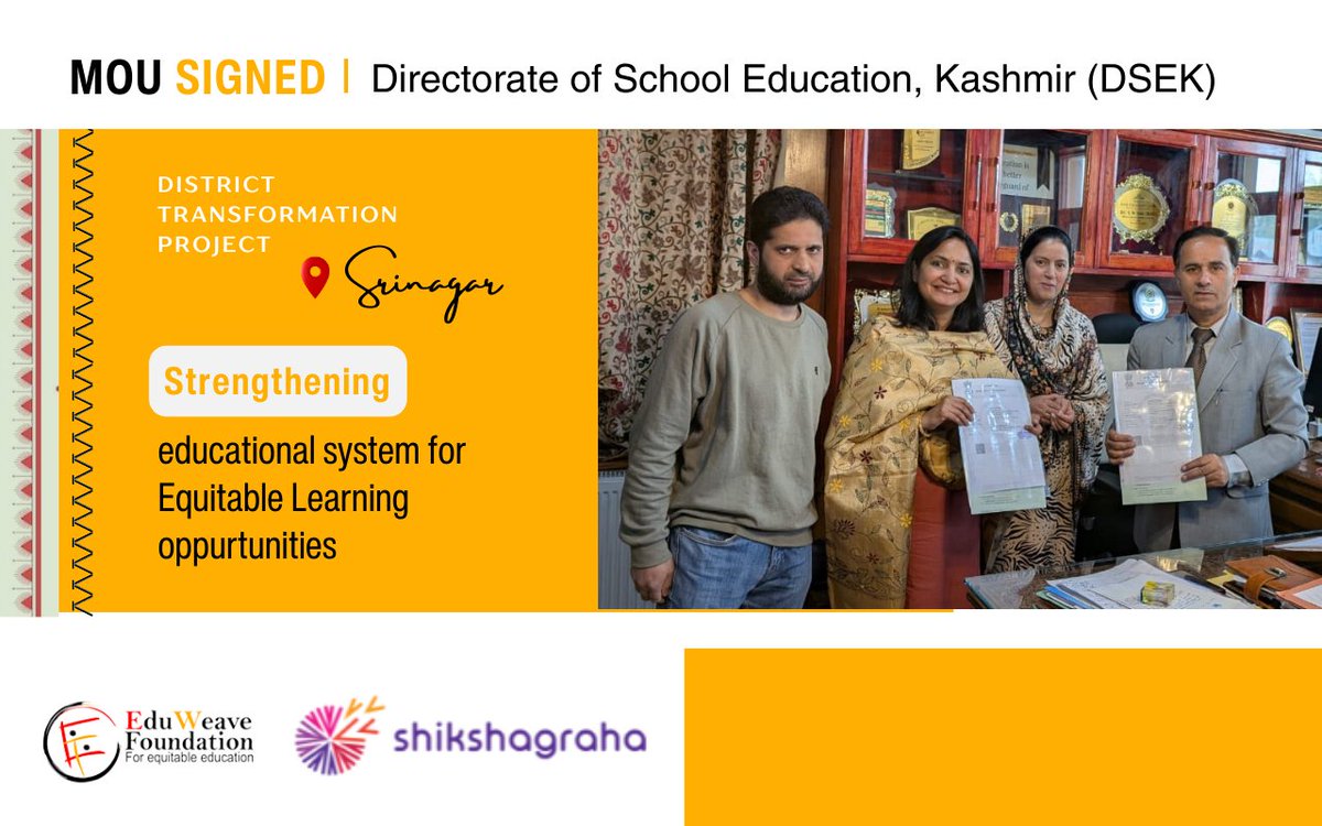 EduWeaveF1's tweet photo. We are delighted to share that we have signed an MoU with the Directorate of School Education, Kashmir (DSEK) for the District Transformation Project in Srinagar.

Heartfelt gratitude to Dr. G.N. Itoo, Director, DSEK, for his trust and for embracing this collaboration. https://t.co/OJ1Qk6lzla