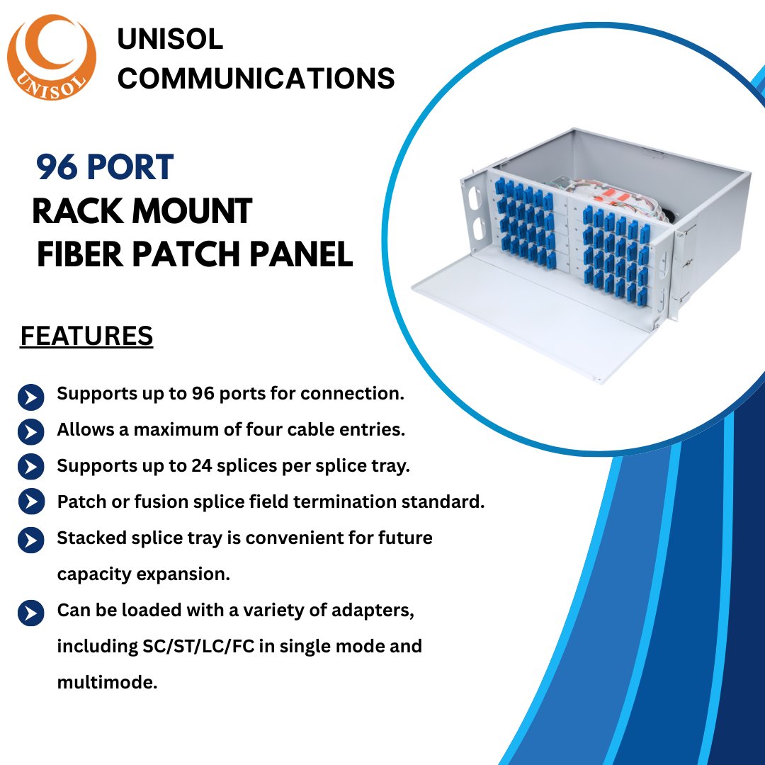 unisolcompany's tweet image. Unisol 96 Port Rack Mount Fiber Patch Panels are compact, efficient, and designed to streamline fiber optic network management. #4uRackmount #RackmountPatchPanel #24portrackmountpatchpanel #12portrackmountpatchpanel