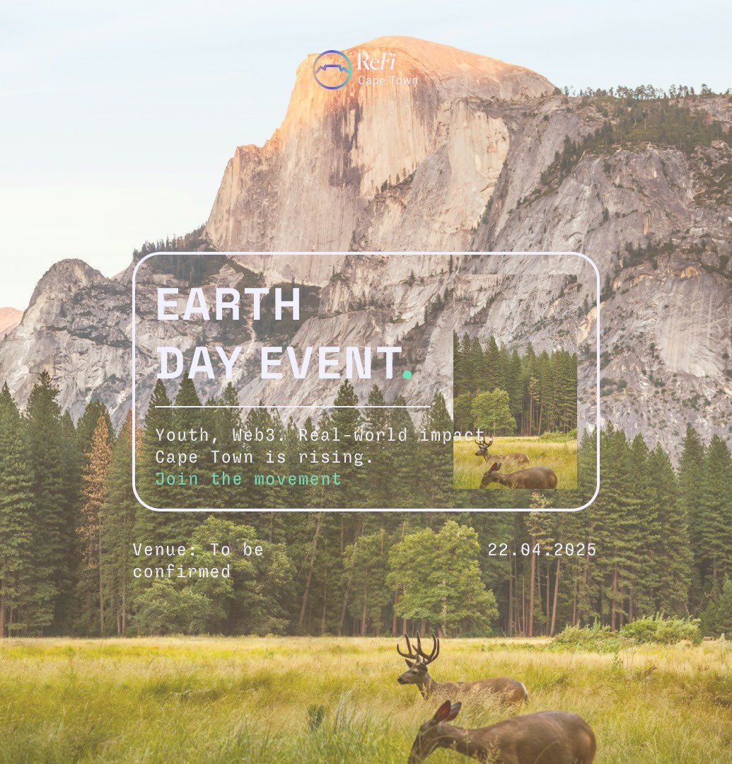 reficapetown's tweet photo. 🌍 Join us this #EarthDay (April 22) for a ReFi Cape Town social! Art, nature, music &amp; youth-led vibes shaping the city’s future.
📍 Cape Town Save the date — more info soon!
#ReFiCapeTown #Regeneration #Web3Community #YouthClimateAction https://t.co/ISvAEYBiPv
