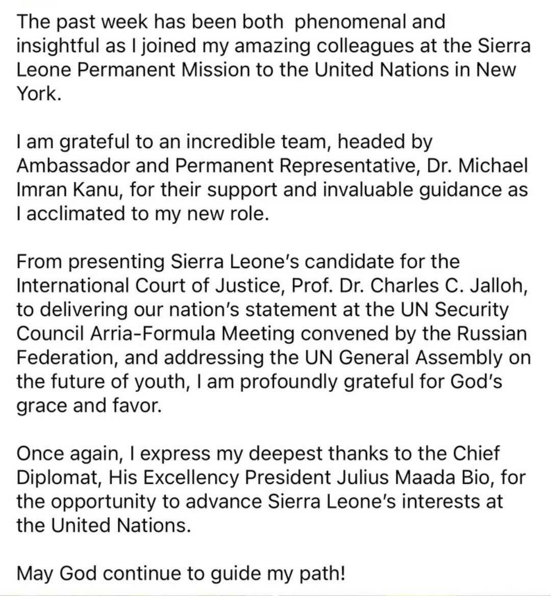 barbsbar's tweet photo. The past week has been both  phenomenal and insightful as I joined my amazing colleagues at the Sierra Leone Permanent Mission to the United Nations in New York.

I am grateful to an incredible team, headed by Amb. Dr. Michael I. Kanu, for their support and invaluable guidance. https://t.co/U4B50zGL5Z