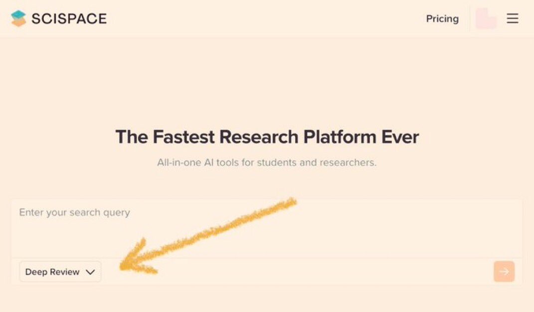 📚 للباحثين ✨
 موقع scispace.com لـ #البحث_العلمي بـ #الذكاء_الاصطناعي اضافو ميزة جديدة Deep Review ومولد التوثيق بأي أسلوب تريده ومنهاAPA ومجانية ميزة Deep Review تختصر ساعات تحليل وفهم المصادر. وبالنسبة للباحث اللي يريد سرعة ودقة؟
الأداة تعتبر كنز علمي كميز بـ ai