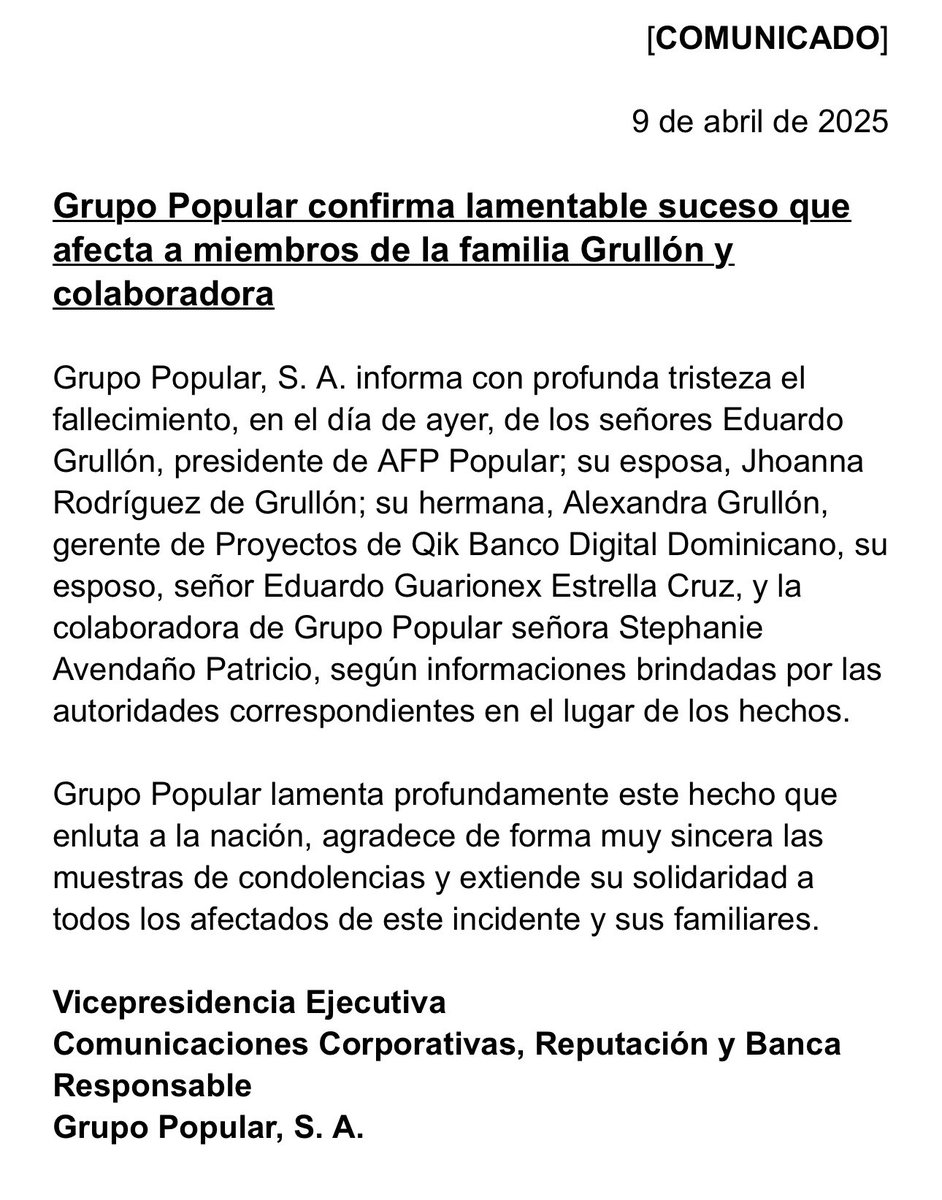 URGENTE: Grupo Popular confirma lamentable suceso que afecta a miembros de la familia Grullón y.
colaboradora. 
#rcnoticias #JetSet #duelo #fallecidos #RobertoCavada #RepublicaDominicana