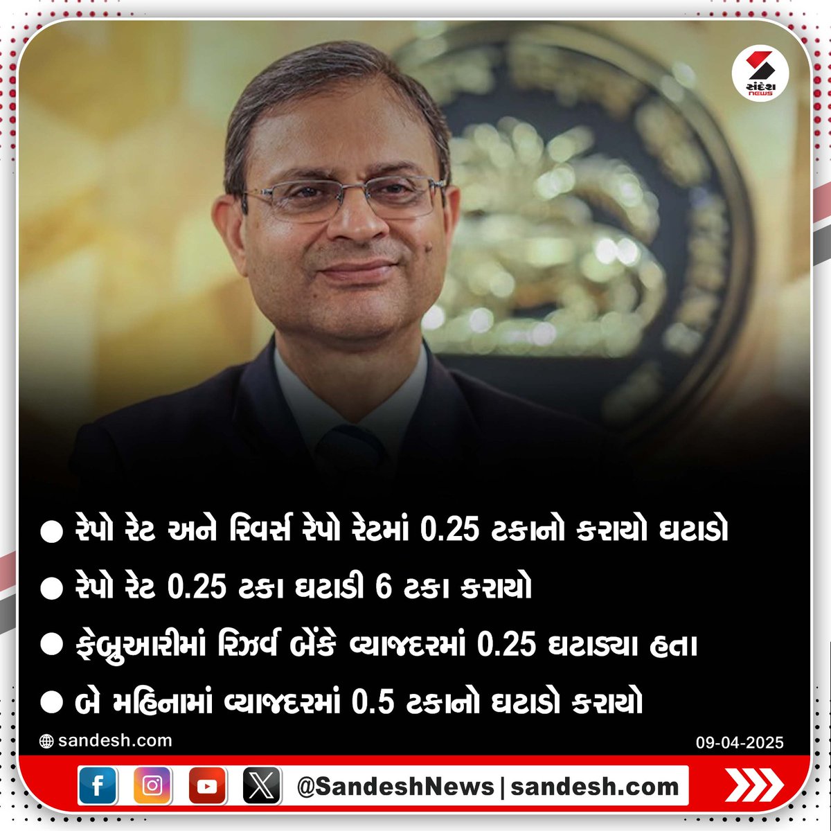 sandeshnews's tweet photo. RBIએ લોનધારકોને આપી રાહત
રેપો રેટ અને રિવર્સ રેપો રેટમાં 0.25 ટકાનો કરાયો ઘટાડો
રેપો રેટ 0.25 ટકા ઘટાડી 6 ટકા કરાયો
ફેબ્રુઆરીમાં રિઝર્વ બેંકે વ્યાજદરમાં 0.25 ઘટાડ્યા હતા
બે મહિનામાં વ્યાજદરમાં 0.5 ટકાનો ઘટાડો કરાયો

#RBI #Loan #RepoRate #ReverseRepoRate #India #SandeshNews https://t.co/Vl6ctuEK2y