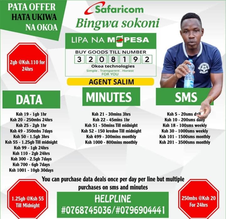 Low on data? Get more for less!
1GB @ Ksh 19 | 1.25GB @ Ksh 55 | 2GB @ Ksh 110
Lipa na Mpesa Till: 3208192
Fast delivery.
Pata Offer ata ukiwa na Okoa
#BrowseEndleslyWithSalim