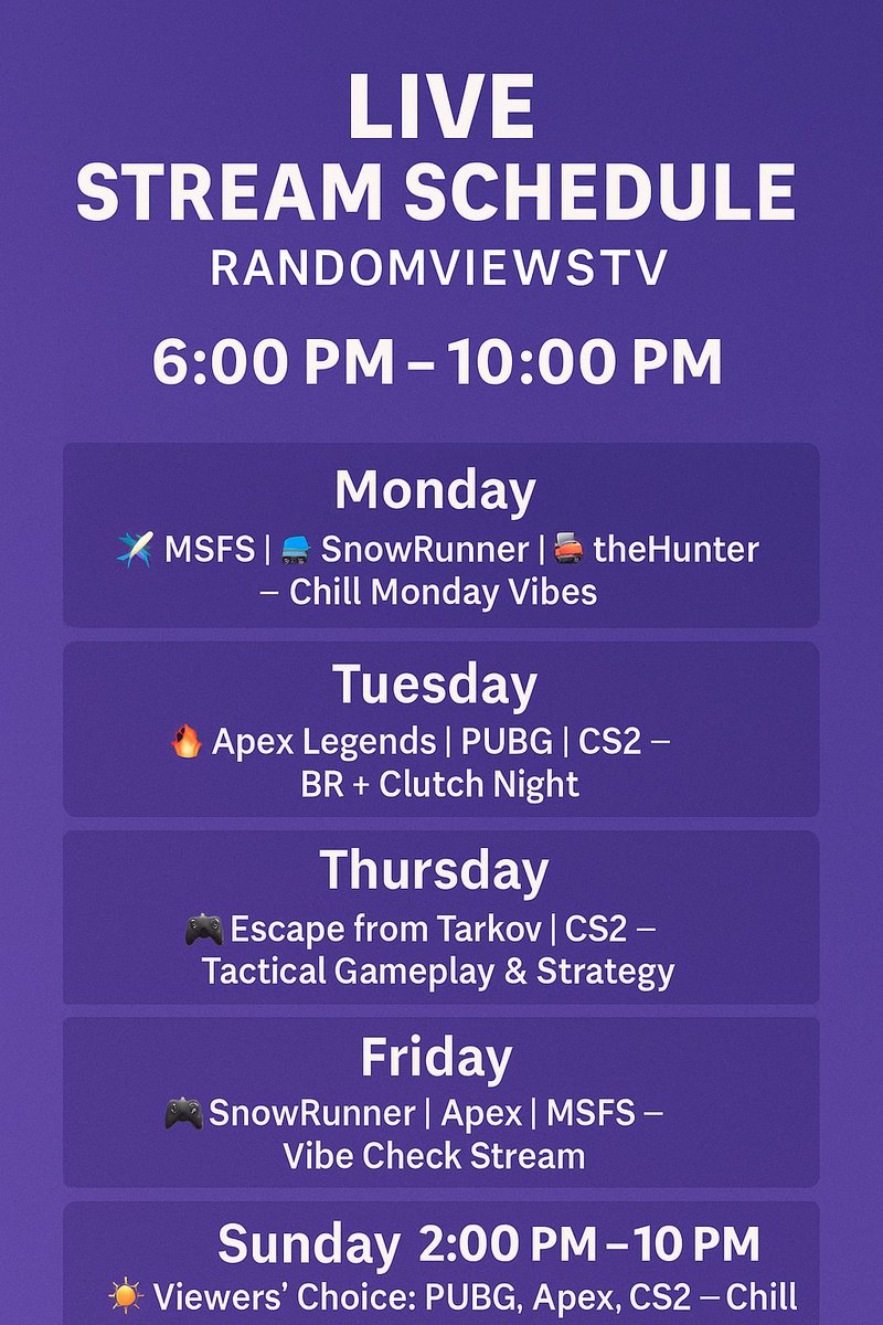 RandomViewsTV's tweet photo. 🎮 Streaming just got serious!
New schedule is live: 6–10PM most days + longer Sunday streams 🔥
Playing what YOU choose: Apex, PUBG, MSFS, CS2, SnowRunner &amp; more!

Let’s build the Twitch India scene together 💜
👉 https://t.co/y1EyPe55Lw

#TwitchIndia #HindiGaming #RandomViewsTV https://t.co/SpGMWUC22P