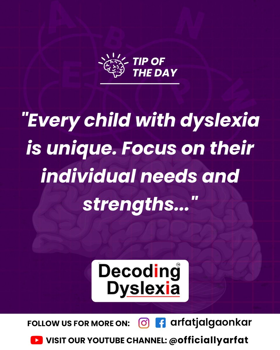 OfficiallyArfat's tweet image. Keep in mind that there isn&apos;t a one, universal strategy for helping kids with dyslexia. Honor their individual talents and assist them in realizing their greatest potential.
#DecodingDyslexia #TipOfTheDay