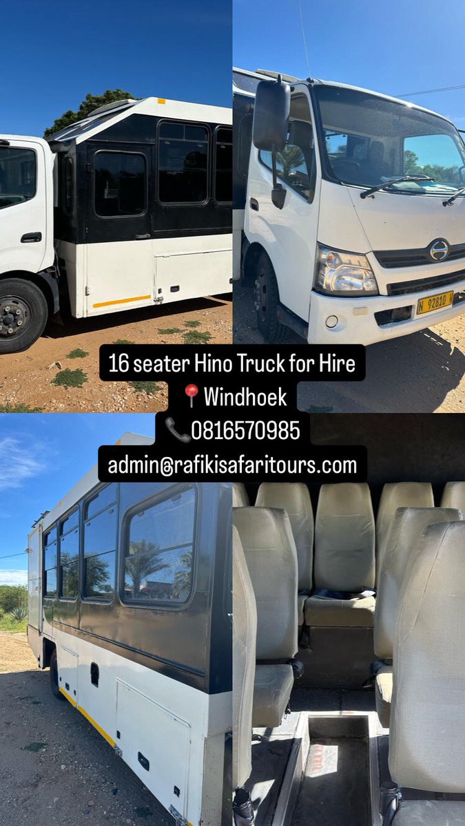 rafiki_namibia's tweet photo. 16 Seater truck for hire

Call us today 

#namibiatravel #namibtours #namibsafari https://t.co/zkRhxEDVrA