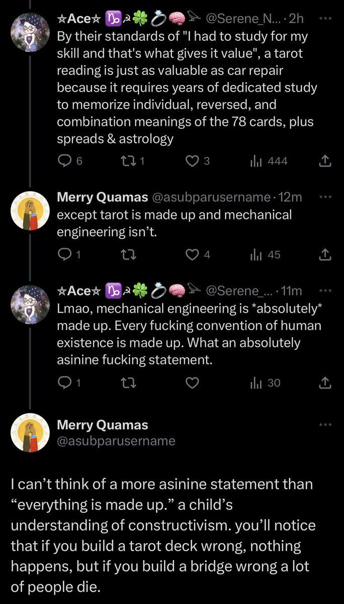 asubparusername's tweet image. perhaps an all-time anarchist interaction: “tarot is equivalent to a mechanical engineering degree.”