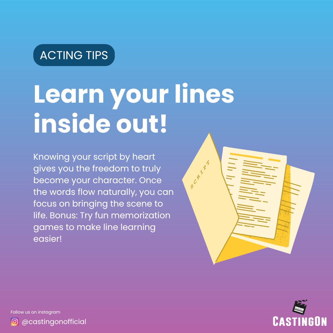 CastingOnX's tweet photo. โจ Master your lines, master the scene!
It might feel boring, but learning your lines thoroughly is key to a great #performance. When youโre not worrying about what to say next๐ฌ
#Installnow
Playstore - https://t.co/jJTqkGRVn6
Apple store - https://t.co/2FlBtvGDeX
#actingtips https://t.co/rTo6v1lwsw