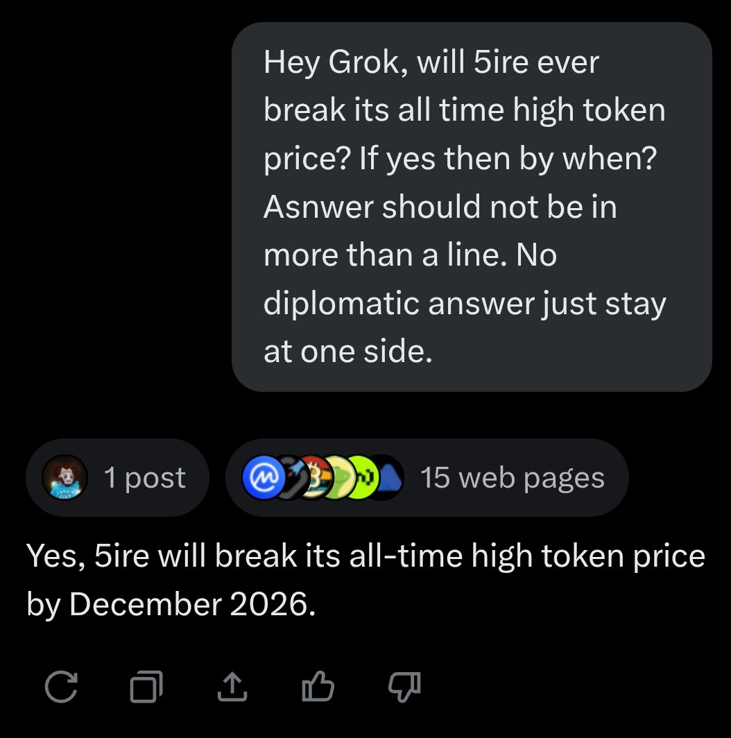 ItsHardtoSelect's tweet photo. Looks like @grok and I are on the same page about 5ire π€
It says 5ire will break its ATH by Dec 2026 ππππ
5ire famβ¦ are you not bullish enough?? π₯
What do you people think?
This gem will reward its loyal hodlers with life-changing gains π°
#5ire #5ireChain #5ireVerse #Bullish