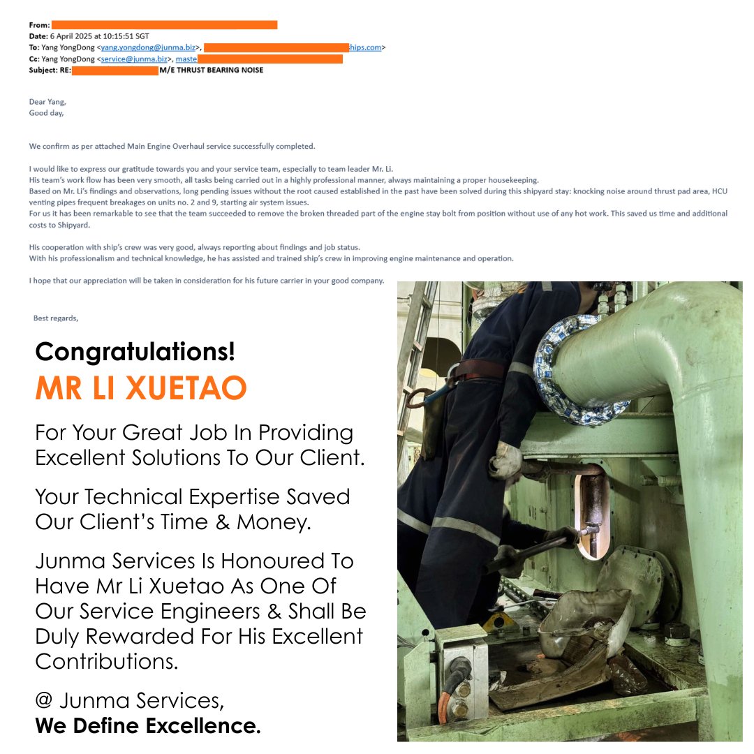 JunmaServices's tweet photo. We are delighted to congratulate our Service Engineer, Mr Li Xuetao, for his excellent work and solutions for one of our clients. Our director, Mr Yang Yongdong, received a complimentary email. Another Satisfied Client. Another Excellent Work Completed.
#JUNMA #JunmaServices https://t.co/RHkbAjCBWy