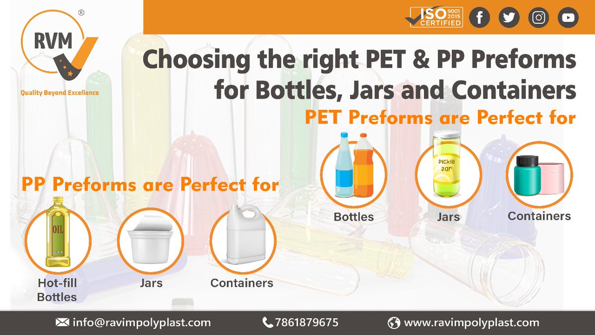 rvm_preforms's tweet photo. ✅ Choosing the Right PET &amp; PP Preforms Can Transform Your Packaging Game 🌟

Visit: https://t.co/subRX7m27V

#PETPreforms #PPPreforms #PlasticPackagingSolutions #EcoFriendlyPackaging #PreformInjectionMolding #Lightweighting #SustainablePackaging #PackagingInnovation https://t.co/sbZXfCzcd6