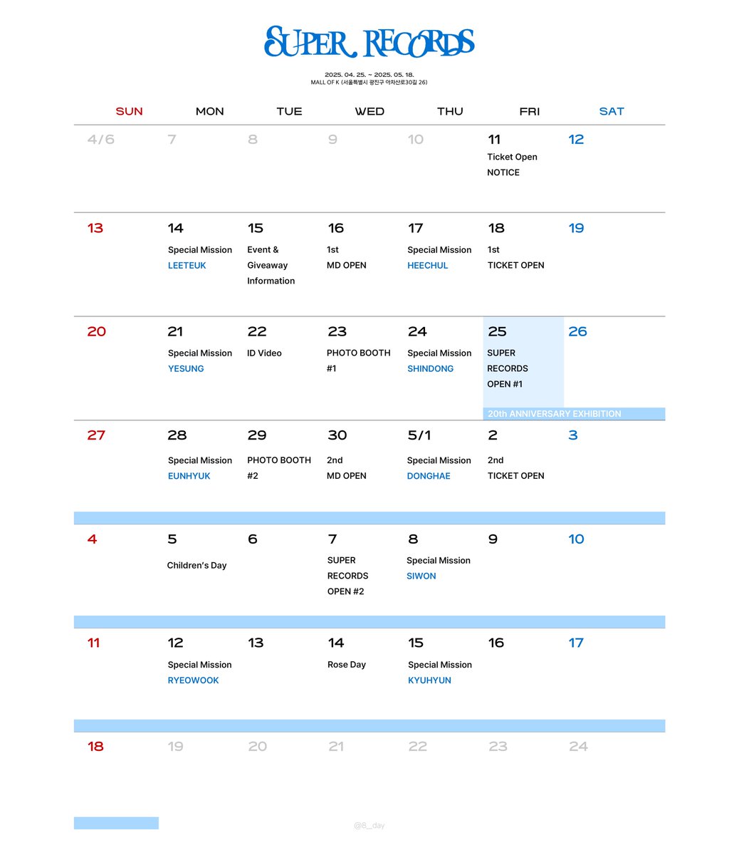 20th Anniversary Exhibition
[ 𝗦𝗨𝗣𝗘𝗥 𝗥𝗘𝗖𝗢𝗥𝗗𝗦 ] Scheduler

#슈퍼주니어 #Superjunior