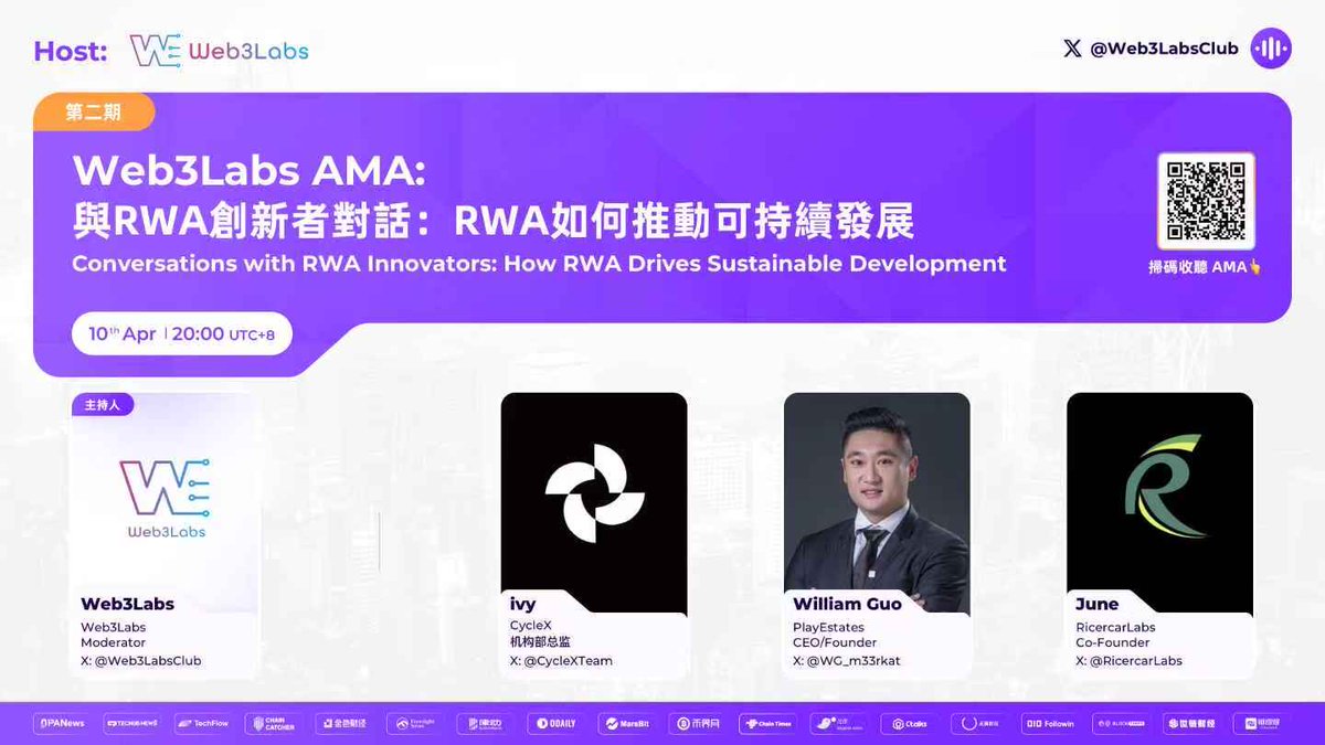 🚀 Web3Labs AMA 第二期：與RWA創新者對話 - 如何推動可持續發展
🕗時間：2025年4月10日  (UTC+8)
🌐 主辦：Web3Labs
🤝 主辦方：<a href="/Web3LabsClub/">Web3Labs.club🇭🇰🌍</a>

👉 預定收聽AMA：x.com/i/spaces/1Mnxn…

🤝 特邀嘉賓：
June - RicercarLabs聯合創始人 <a href="/RicercarLabs/">RicercarLabs</a>
William Guo - PlayEstates首席執行官/創始人