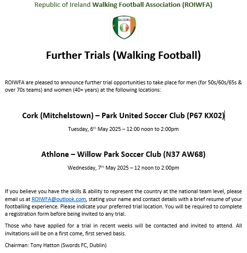 ROIWFA are pleased to announce further opportunities to trial for both men &amp; women...
