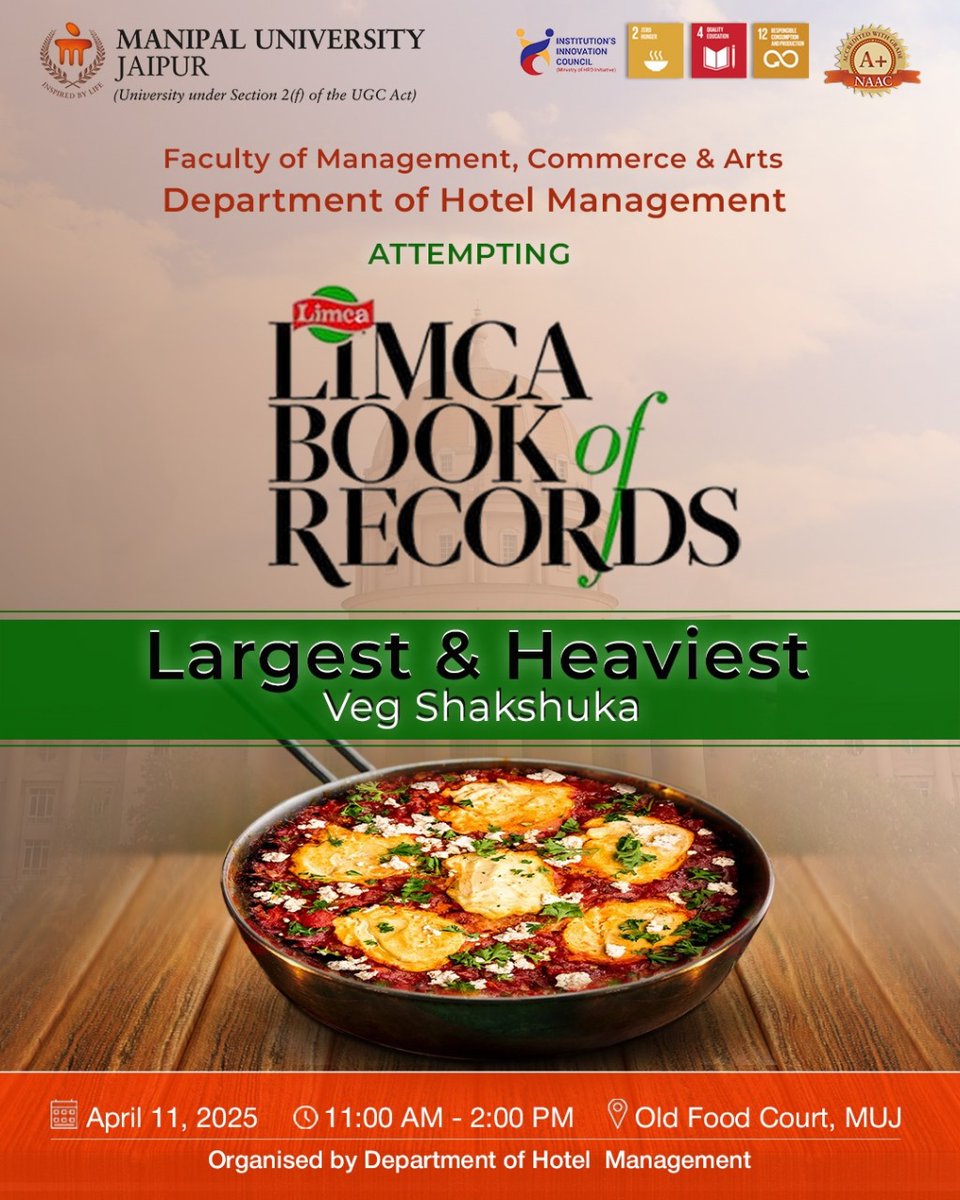 Jaipur_Manipal's tweet photo. Manipal University Jaipur’s Department of Hotel Management has been invited to attempt its fourth entry in the Limca Book of Records. This time, the department will strive to create the largest and heaviest vegetarian Shakshuka, https://t.co/FlSqCgEOvt
