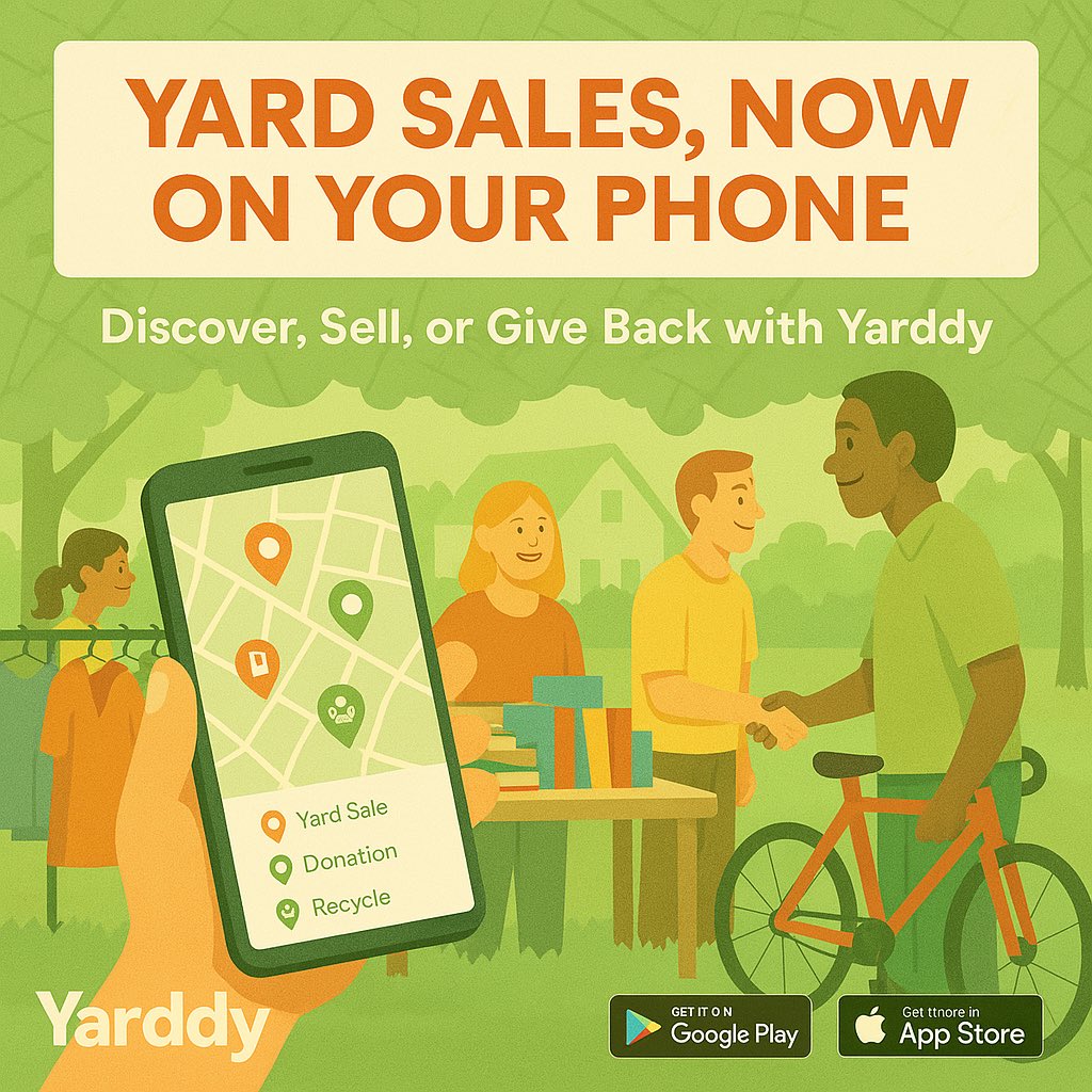 Yarddy_com's tweet photo. Clear space. Spread joy. ππ
List stuff for FREE or for sale! ππ°
π§Έ Toys, clothes, furniture & more
ποΈ Find what your neighbors are giving away
Live on iOS & Androidπ€
#Yarddy #FreeFinds #GiveBack #YardSale #SellSmart #GarageSale https://t.co/6d7woX2nwJ