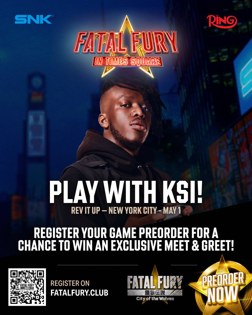 Win a chance to go head-to-head against <a href="/KSI/">ksi</a> in FATAL FURY: City of the Wolves, live on the streets of Times Square 🗽

📆 May 1, 2025
🇺🇸 New York City, US

Plus, TWO free event tickets will be raffled, courtesy of <a href="/thering/">Thering</a>,to the May 2nd FATAL FURY boxing card

Register your