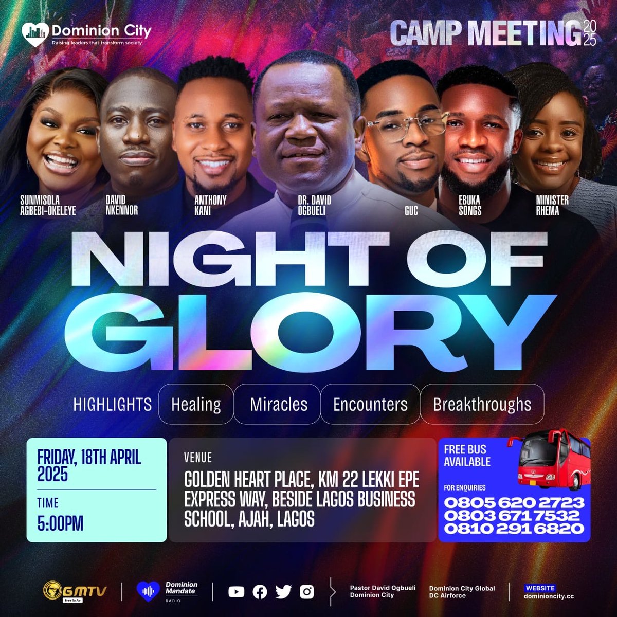 pstdavidogbueli's tweet photo. Night of Glory at Camp Meeting is always explosive with healings, miracles, signs &amp; wonders in an atmosphere of heaven-bound worship &amp; praises.

Free buses available from all major locations in Lagos.
Happening live on Good Friday! 

Spread the news.

#dccampmeeting2025 https://t.co/ICrtnPWyHm