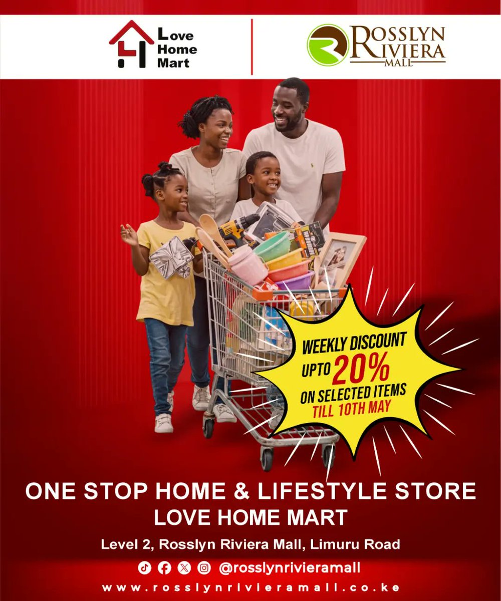 RosslynRiviera's tweet image. Big news, Rosslyn Riviera shoppers! 🎉 Get up to 20% OFF @lovehomemart on all things home and lifestyle! Weekly discounts happening now until May 10th, 2025. Don't miss out! #HomeStore #SaleAlert #nairobikenya #shoppingmall #chinesestore