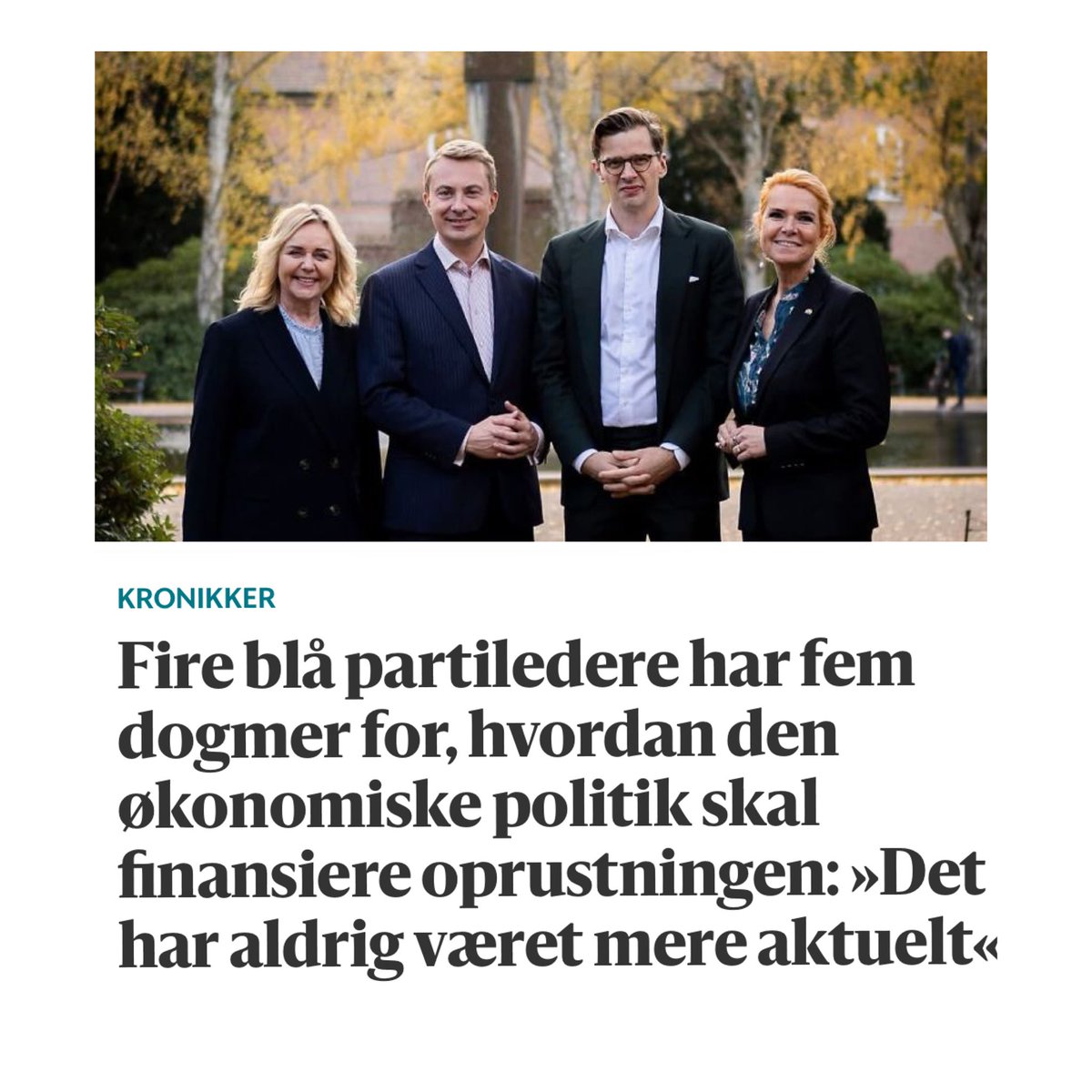 Dogme 1: Velstand i samfundet er vigtigere end hvor mange penge, der kommer i statskassen.

Dogme 2: Danskerne går på arbejde for sig selv – ikke for den socialdemokratiske systemmaskine.

Dogme 3: De offentlige systemer skal kunne udfordres – af borgerne selv eller af