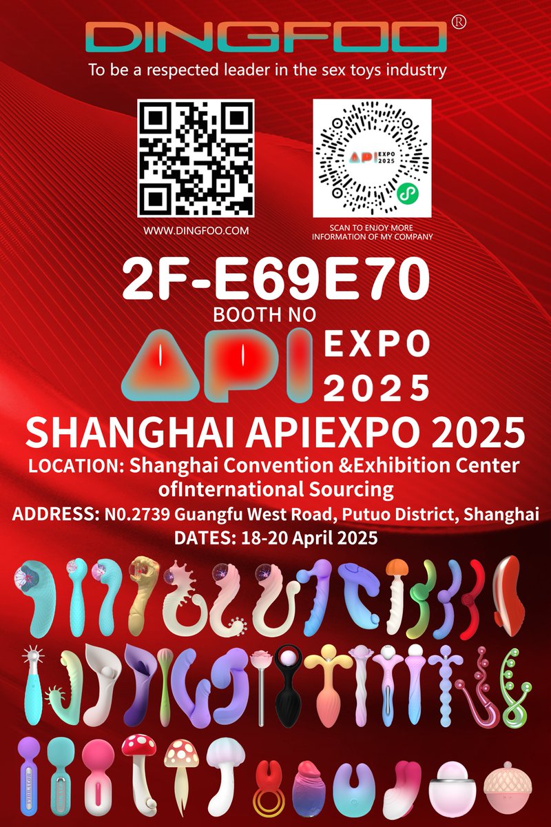 DingfooOfficial's tweet image. 𝐃𝐈𝐍𝐅𝐆𝐎𝐎 𝐈𝐧𝐯𝐢𝐭𝐞𝐬 𝐘𝐨𝐮 𝐭𝐨 𝐀𝐏𝐈 𝐄𝐱𝐩𝐨 2025 𝐢𝐧 𝐒𝐡𝐚𝐧𝐠𝐡𝐚𝐢

See you there! 🧡 

• Dates: April 18-20, 2025
• Booth Number: No. 2F-E69E70
• Location: No.2739 Guangfu West Road, Putuo District, Shanghai 

#APIExpo2025 #SexToy #DINFGOO