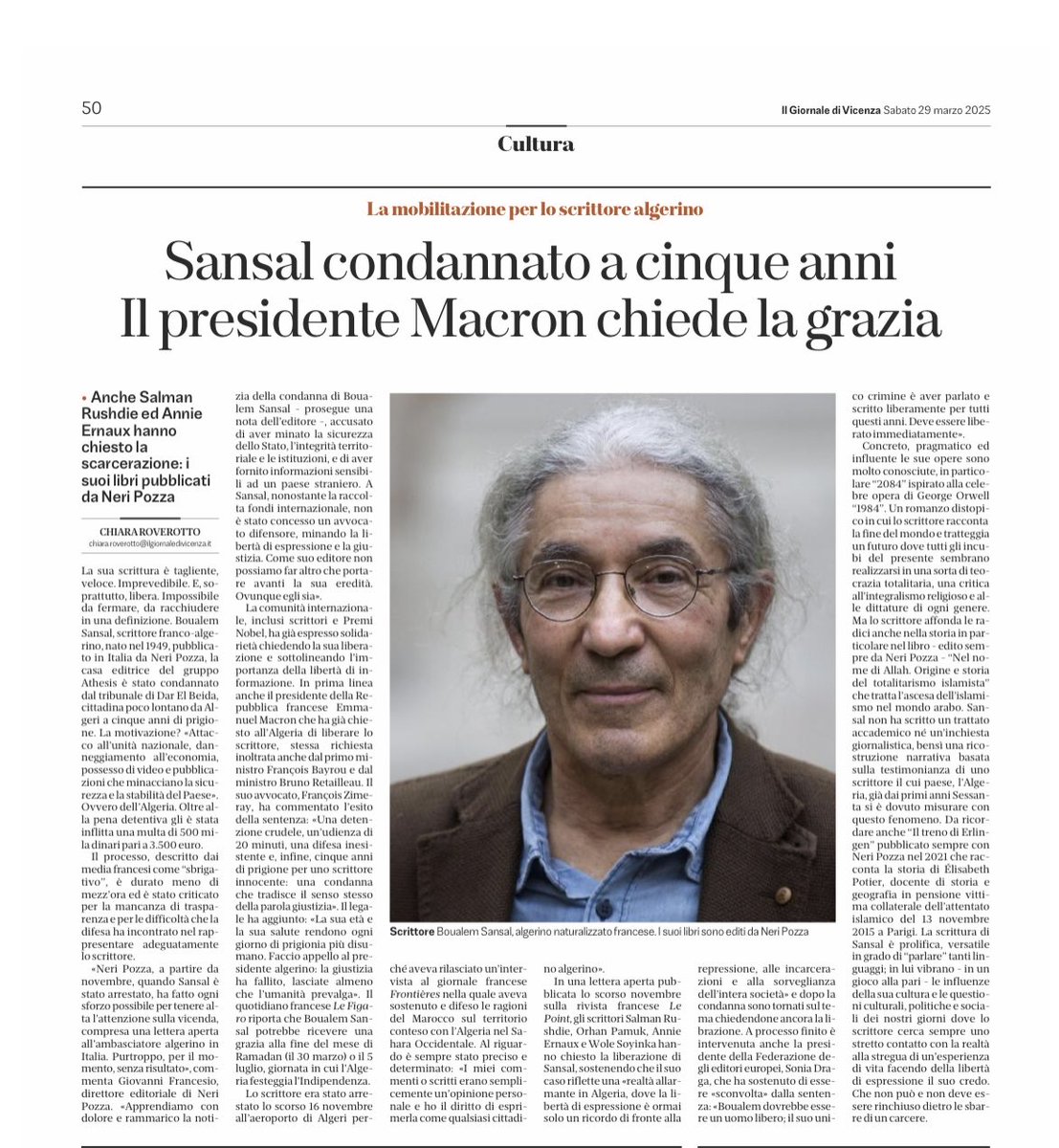 ⁦<a href="/GiornaleVicenza/">Il Giornale di Vicenza</a>⁩ ⁦<a href="/NeriPozza/">Neri Pozza</a>⁩ Lo scrittore algerino naturalizzato francese resta in carcere dopo la condanna a 5 anni per attacco alla sicurezza nazionale. Molti gli intellettuali e i politici che hanno chiesto di intervenire in suo favore. Liberiamo le sue idee.