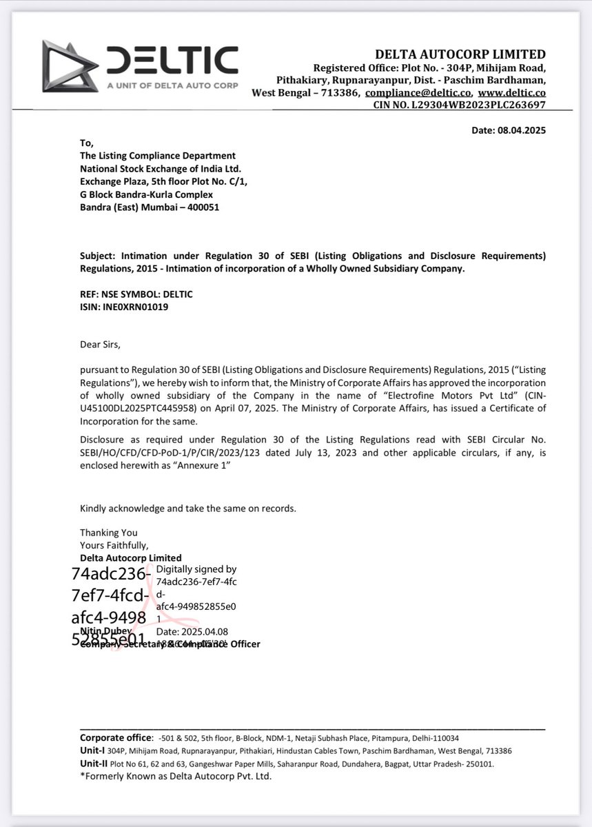 CapitalLens_'s tweet photo. DELTA AUTOCORP LTD ‼️
🚨Company has approved the incorporation of wholly owned subsidiary with a name of Electrofine Motors Pvt Ltd 🔥
#Deltaautocorp #Stockmarketupdates https://t.co/tVBKWM7BKy