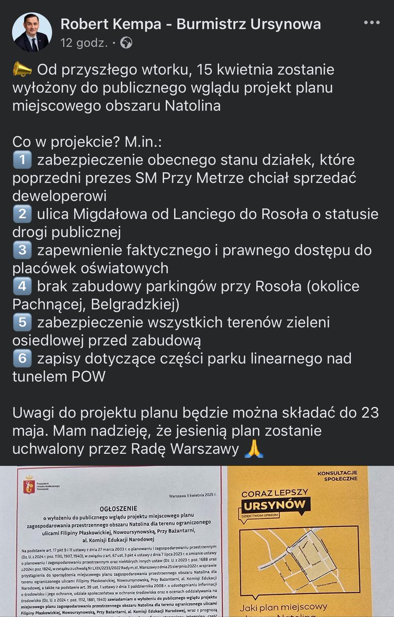 MiastoUrsynow's tweet photo. Od wtorku, 15 kwietnia zostanie wyłożony do publicznego wglądu projekt #mpzp obszaru #Natolin. Według zapowiedzi @RobertKempa75 plan ma m. in. zabezpieczyć działki, parkingi i tereny zieleni osiedlowej przed zabudową i opisać park nad #POW. https://t.co/T1QKQuVEIA