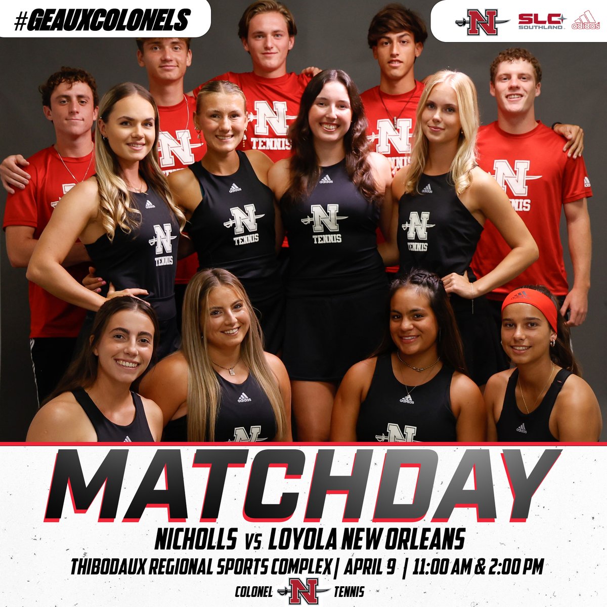 GeauxColonels's tweet photo. 🎾 Home Finale ⚔️ 

🆚Loyola University New Orleans
📍Thibodaux Regional Sports Complex

@Nicholls_MTEN - 11:00 am
@Nicholls_WTEN - 2:00 pm https://t.co/Ko2dFW3pYI