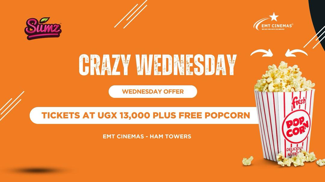_ICalvin's tweet photo. not forgetting our CRAZY WEDNESDAY package. At only Ugx 13,000 comes FREE POPCORN. Come enjoy this ultimate movie experience with us at EMT Cinemas - Hams tower Makerere 🤝
#Emtcinemas #Crazywednesday https://t.co/foQBuzsJ5x