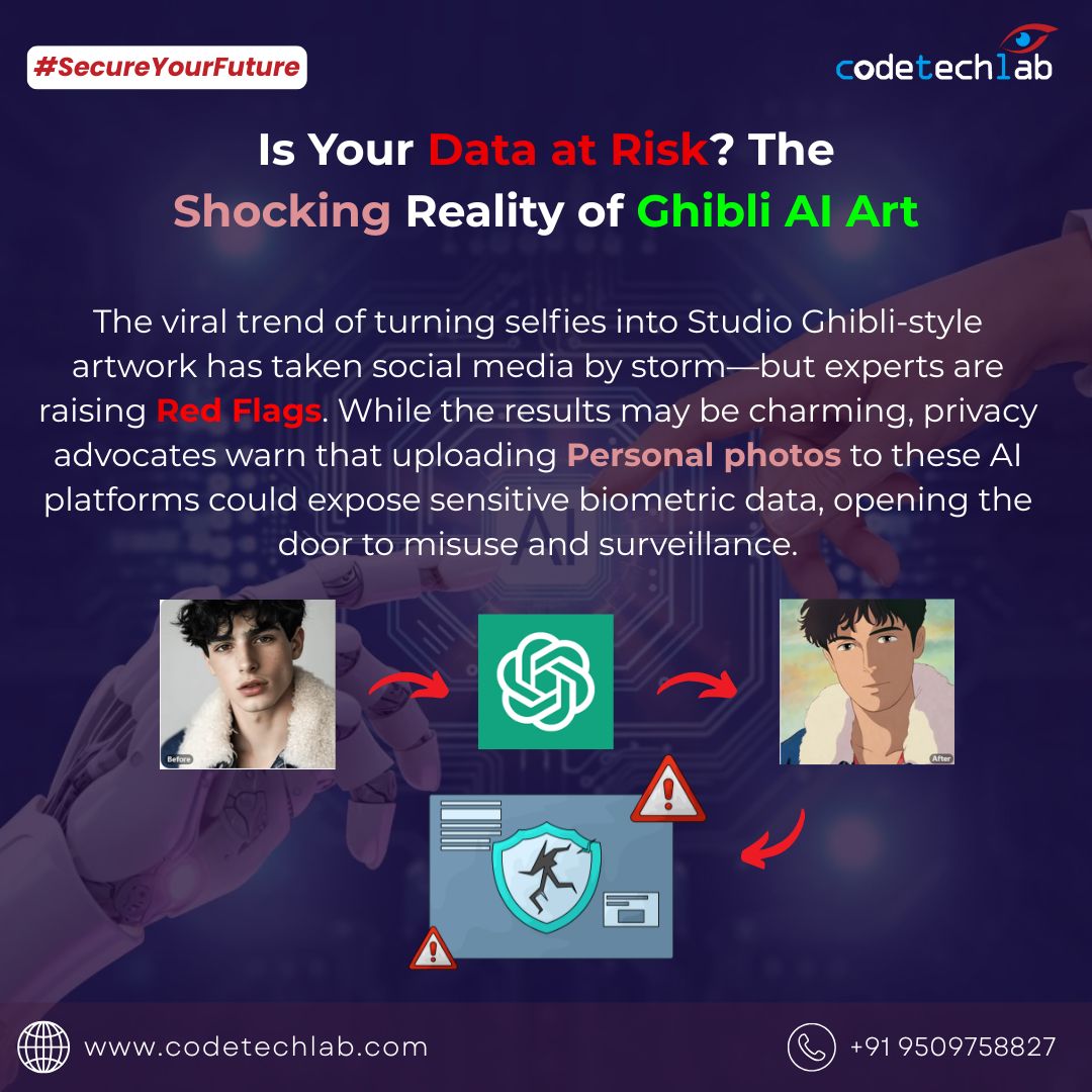 CodeTechLab's tweet image. Are Ghibli AI art beautiful or dangerous? 🖼️ These tools could be risky to use with your data. Know the potential privacy pitfalls. @CodeTechLab 
#AIart  #DataSecurity #CyberSecurityAwareness #EthicalHacking #GhibliArt